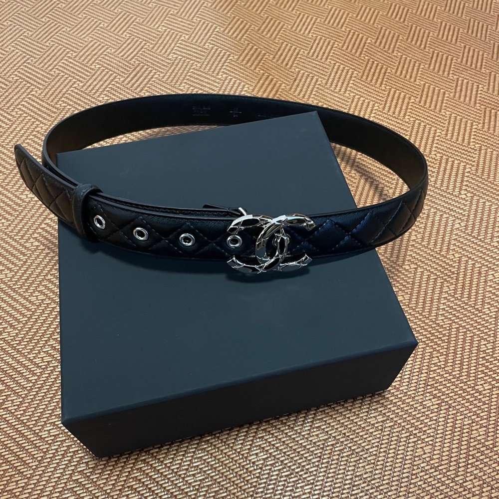 Chanel cc silver logo  black leather belt  85cm/34in